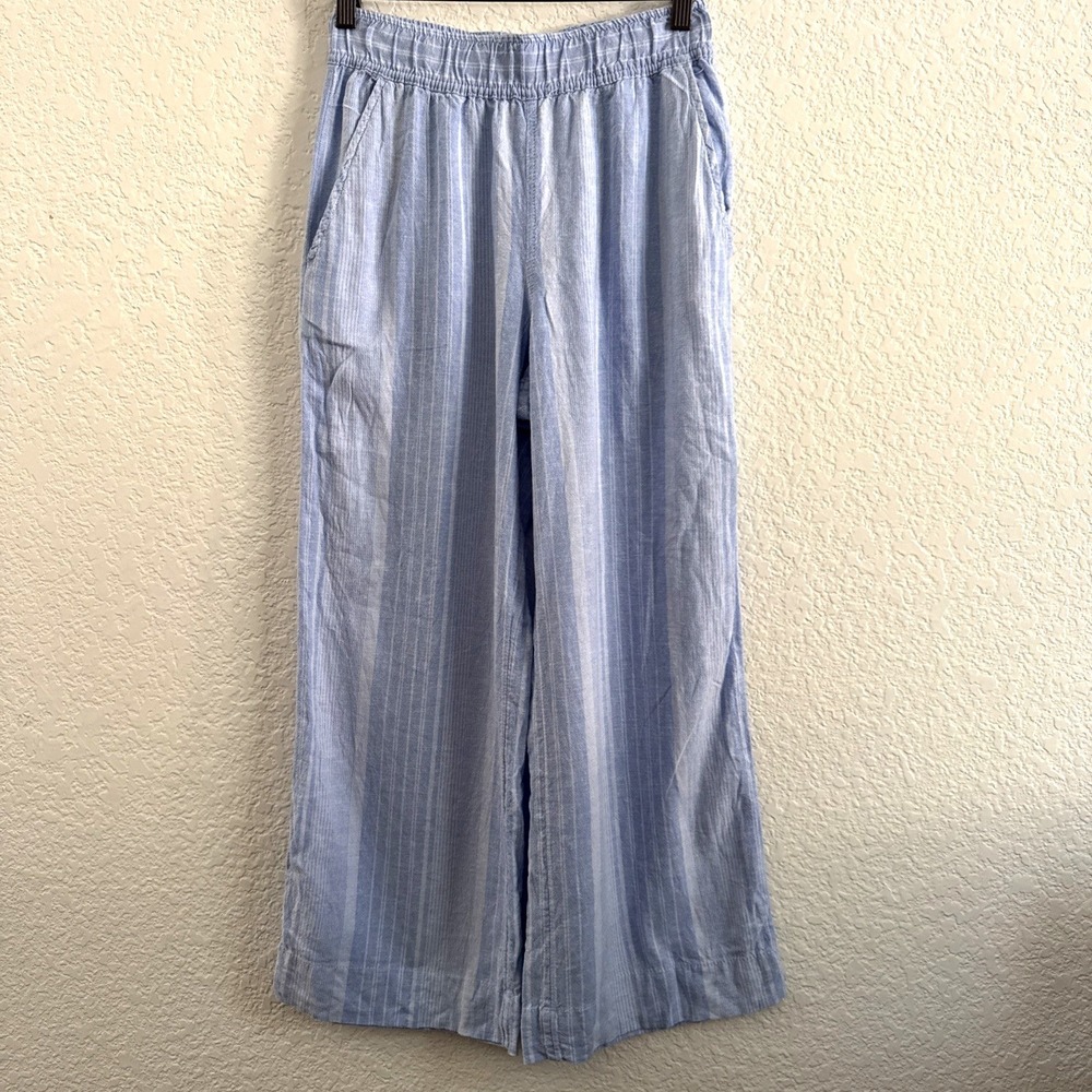 Tahari Linen Blend Wide Leg Pants Blue Stripe Elastic Waist Casual Women Size XS